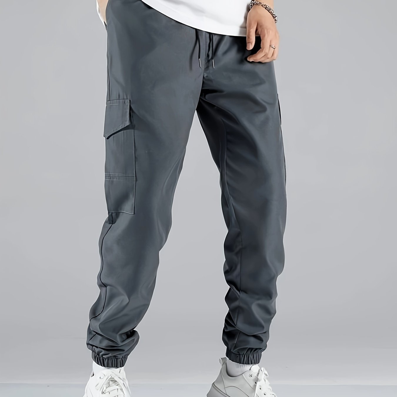 Men's Casual Athletic Cargo Pants - Solid Color, Polyester, Machine Washable with Multiple Pockets