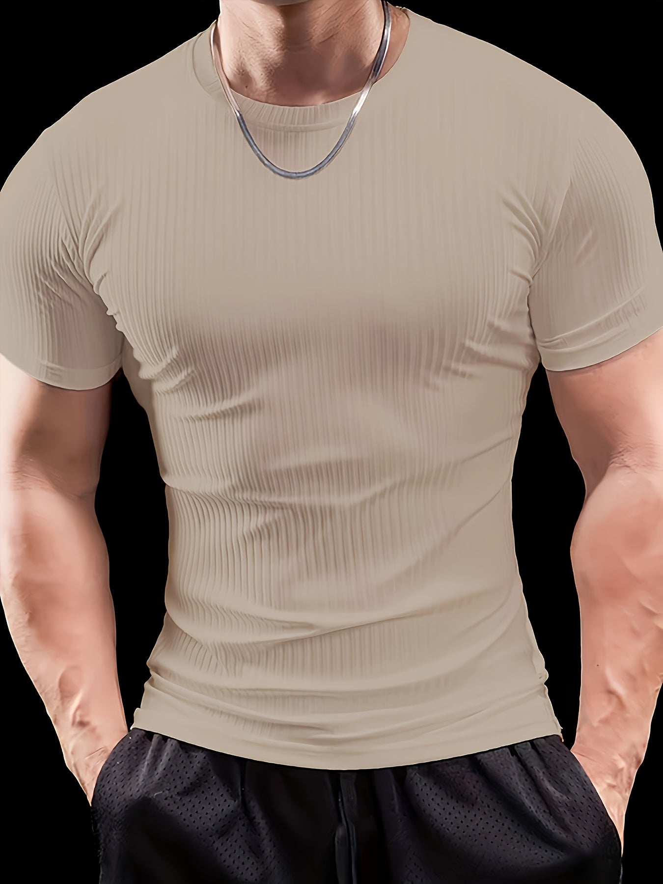 Men's Slim Fit Ribbed Short Sleeve T-Shirt - Stretchy Athletic & Casual Wear, Green, Round Neck, Machine Washable, Muscle-Enhancing Design, Gym Shirts
