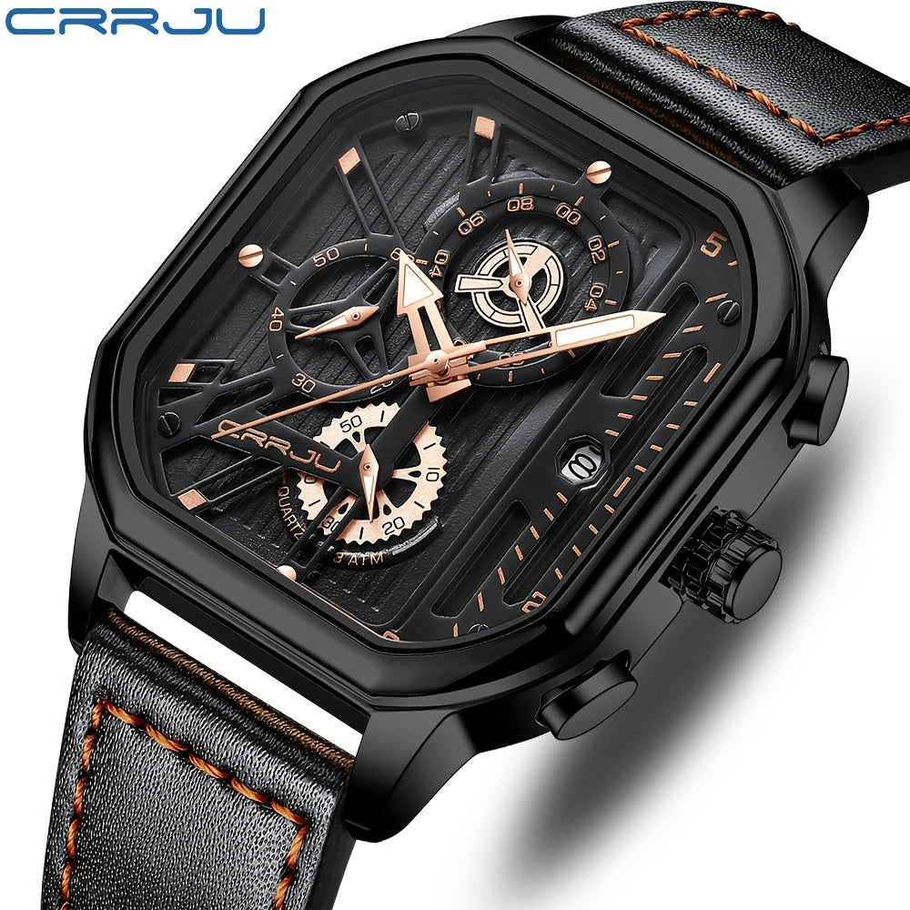 CRRJU Men's Sporty Chronograph Watch with Rose Golden Accents, Quartz Movement, IPX8 High Quality, Black Dial & Brown Faux Leather Strap - Durable Casual & Formal Timepiece