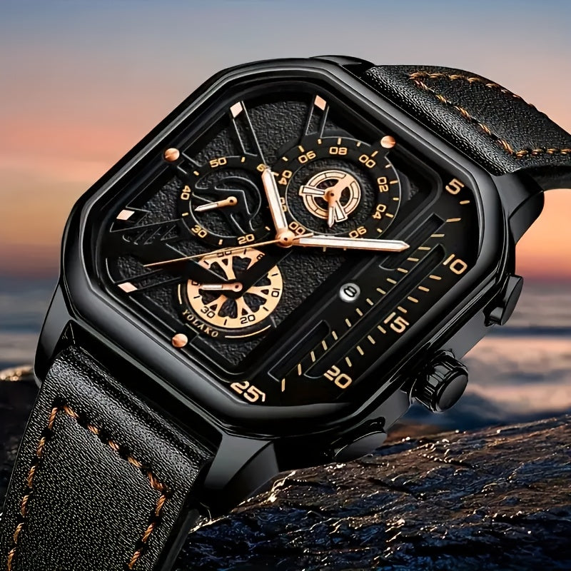 1pc Men'S Vintage Sports Chronograph Watch - Large Square Dial, Faux Leather Strap, Quartz Movement, Calendar Feature, Non-Waterproof Alloy Case, Battery Powered Electronic Drive, Ideal Gift for Him