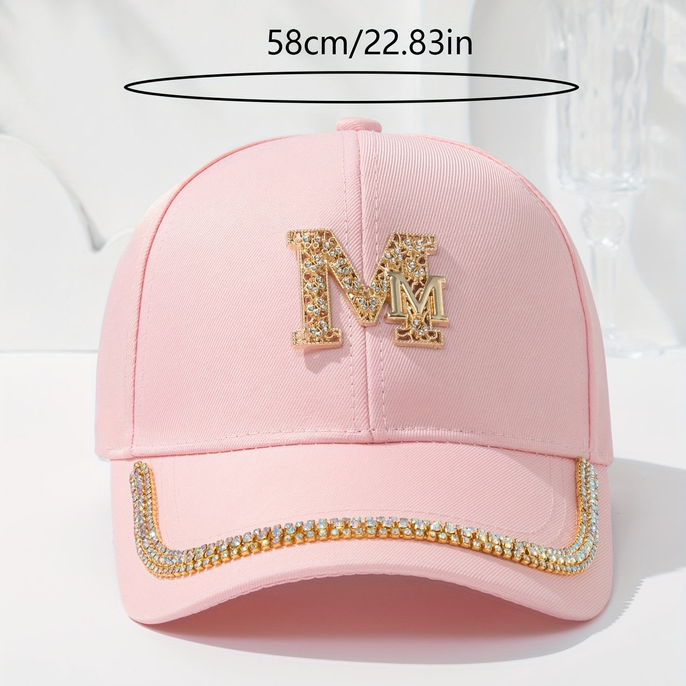 Women's Fashion Patch Baseball Cap With Metallic "M" Initial, Rhinestone Accents, Adjustable Snapback Cps, Wide Brim Sun Hats