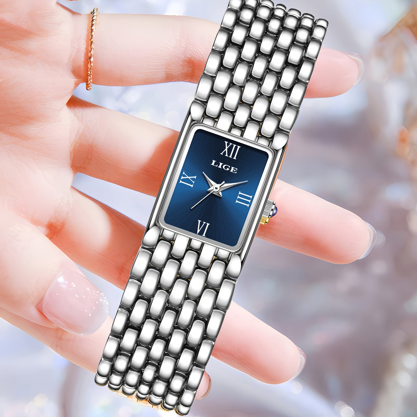 LIGE Women'S Luxury Quartz Watch - Stainless Steel Band, Blue Dial with Roman Numerals, Elegant Fashion Timepiece for Casual or Sporty Wear, Elegant Timepiece | Sleek Watch Design | Alloy Watch Case
