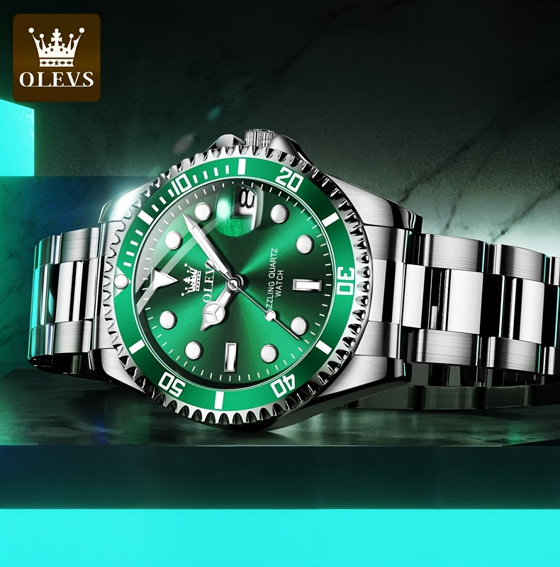 OLEVS Men'S Luxury Quartz Watch - Green Dial, Stainless Steel Band, Luminous Pointer Display, Quartz Movement, Electronic Drive, Zinc Alloy Case, Ideal for Business Casual Wea