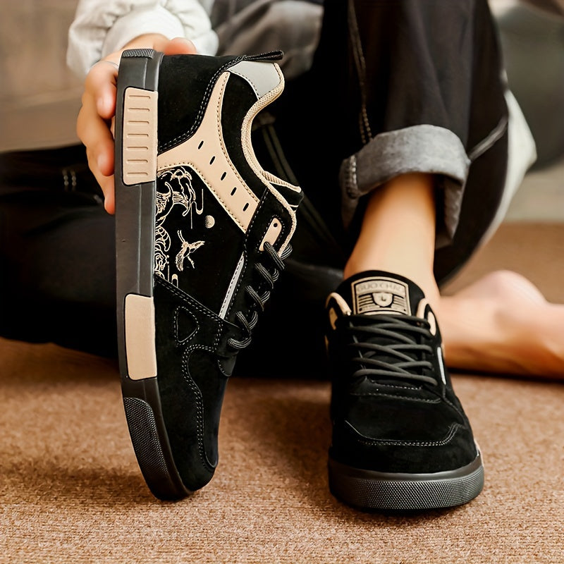 Men's Spring Collection Black and Beige Casual Sneakers - Anti-Slip, Odor-Resistant, Thick Rubber Sole for Height Boost, Lace-Up Sports Shoes with Fish Design