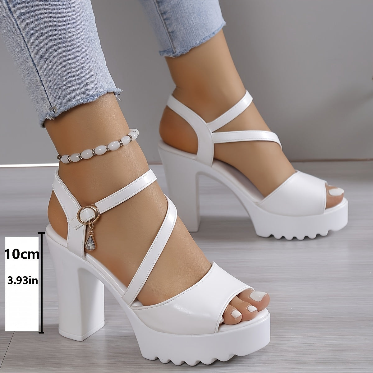 Women'S Summer Fashion Chunky Heel Sandals - White Open Toe with Buckle Strap, Comfortable PU Sole, Stylish High Heel Sandals for Casual Wear, Chunky Heel Sandals