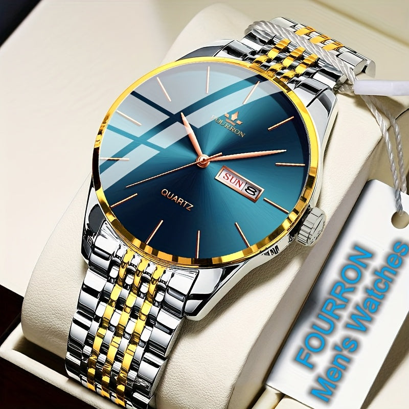 An Ideal Choice For A New FOURRON Brand Men's Luxury Stainless Steel Strap Simple Dial Quartz Watch With Date Calendar, Trendy Fashion Sports Casual Lifestyle Travel Multi-function Watch, Ideal For Friends' Birthdays, Holiday