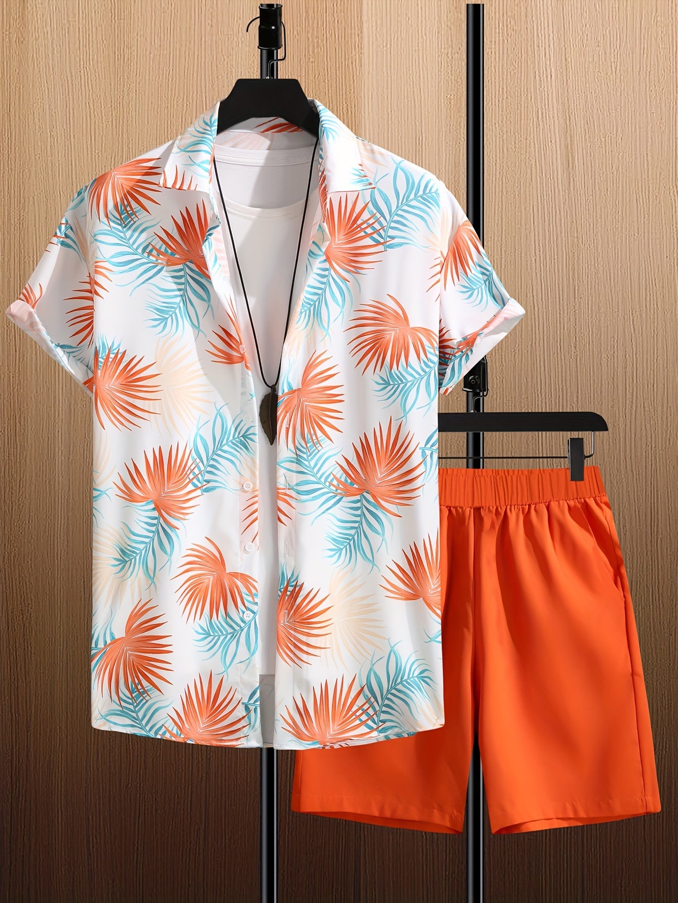 Men's Casual Suit Set with Short Sleeve Shirt and Printed Shorts