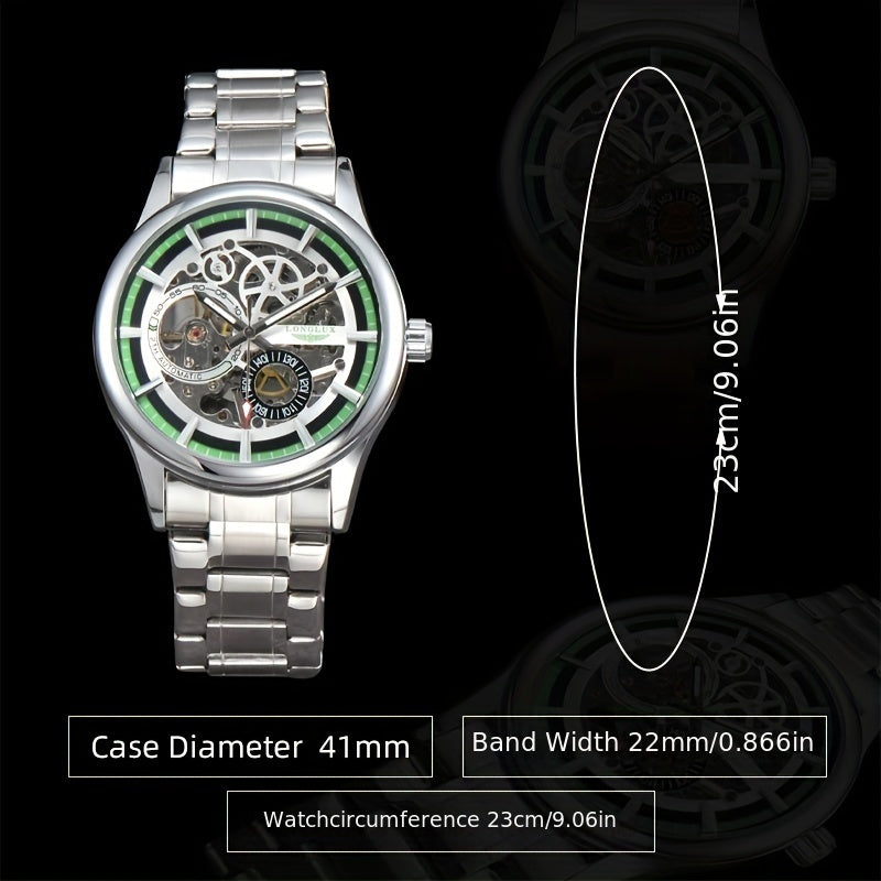 Men's Business Leisure Automatic Mechanical Watch, Stainless Steel with Blue Accents, Transparent Back, Date Display, Water-Resistant up to 10m, Ideal Gift, Business Watch | Mechanical Aesthetic | Stainless Steel Band