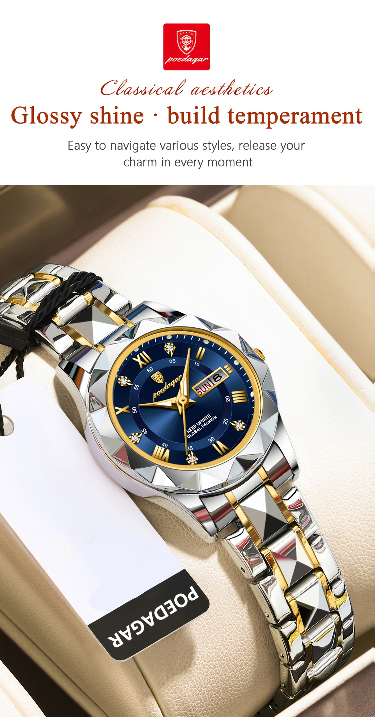 POEDAGAR Women's Elegant Stainless Steel Quartz Watch with Luminous Blue Dial, Roman Numerals, Date Calendar, IPX7 High Quality & -Accented Band for Casual & Formal Wear
