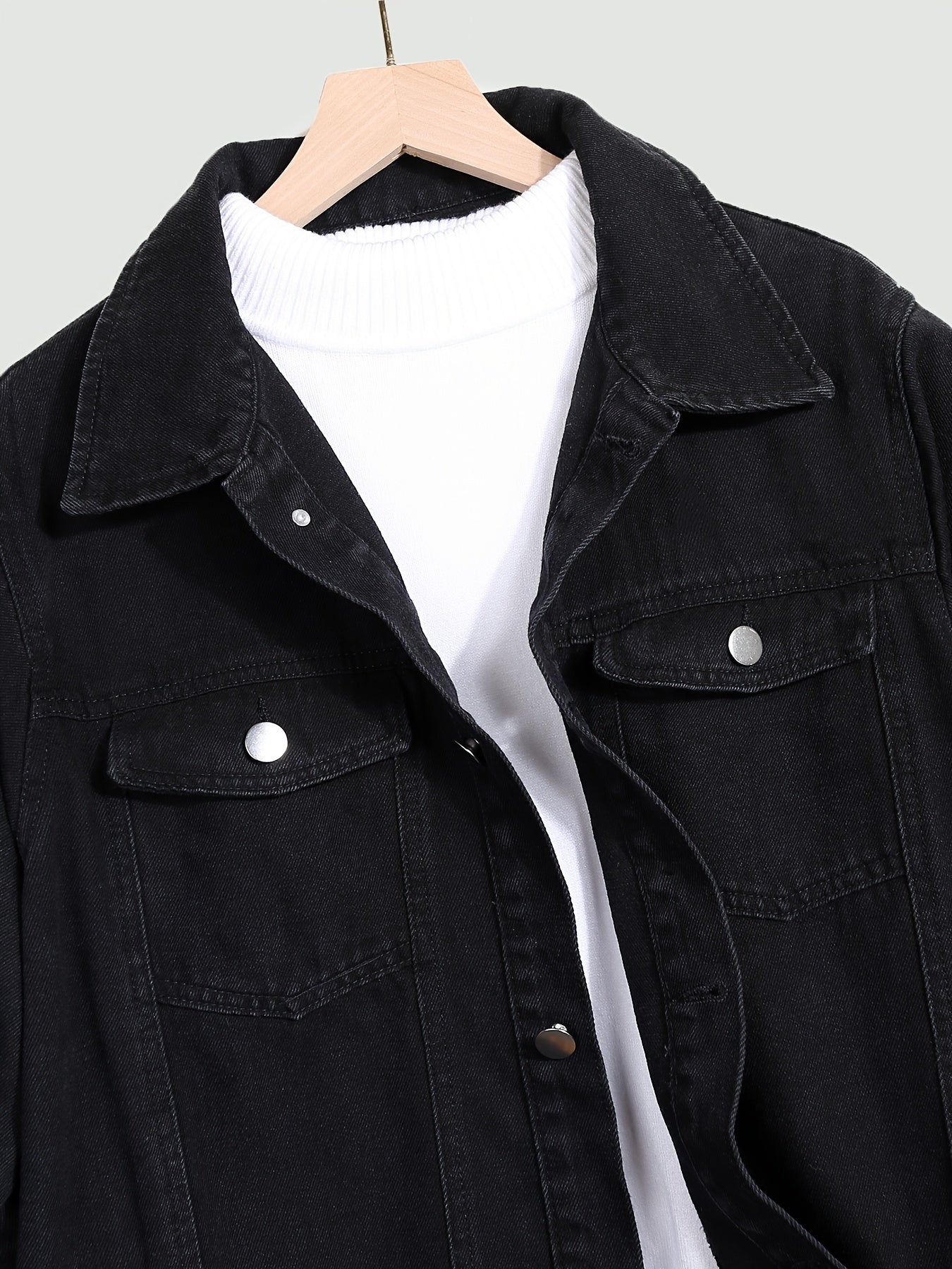 Men's Classic Cotton Denim Biker Jacket - Solid Color, Long Sleeve, Button-Up with Pockets for Spring & Fall