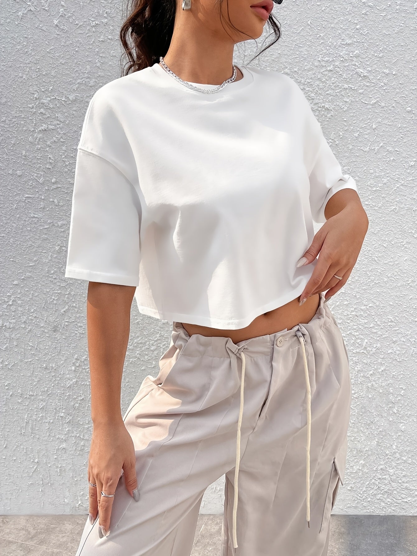 Women's Red Crop Top T-Shirt - Casual Short Sleeve, Loose Fit, Solid Color, Polyester, Machine Washable, Round Neck - Perfect for Summer