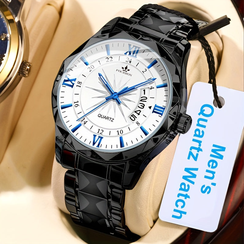 A New FOURRON Brand Men's Quartz Watch With Stainless Steel Strap And Case, Trendy And Luxurious Multi-functional Roman Numeral Dial, Luminous Watch, A Great Gift For Friends' Birthdays, Holidays, And Parties.