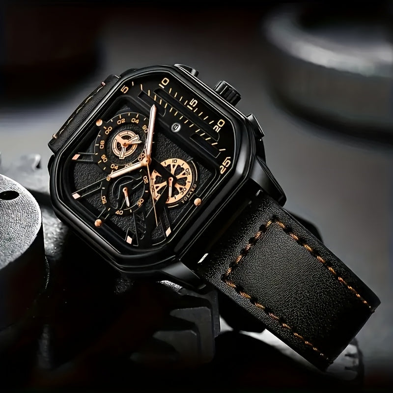 1pc Men'S Vintage Sports Chronograph Watch - Large Square Dial, Faux Leather Strap, Quartz Movement, Calendar Feature, Non-Waterproof Alloy Case, Battery Powered Electronic Drive, Ideal Gift for Him