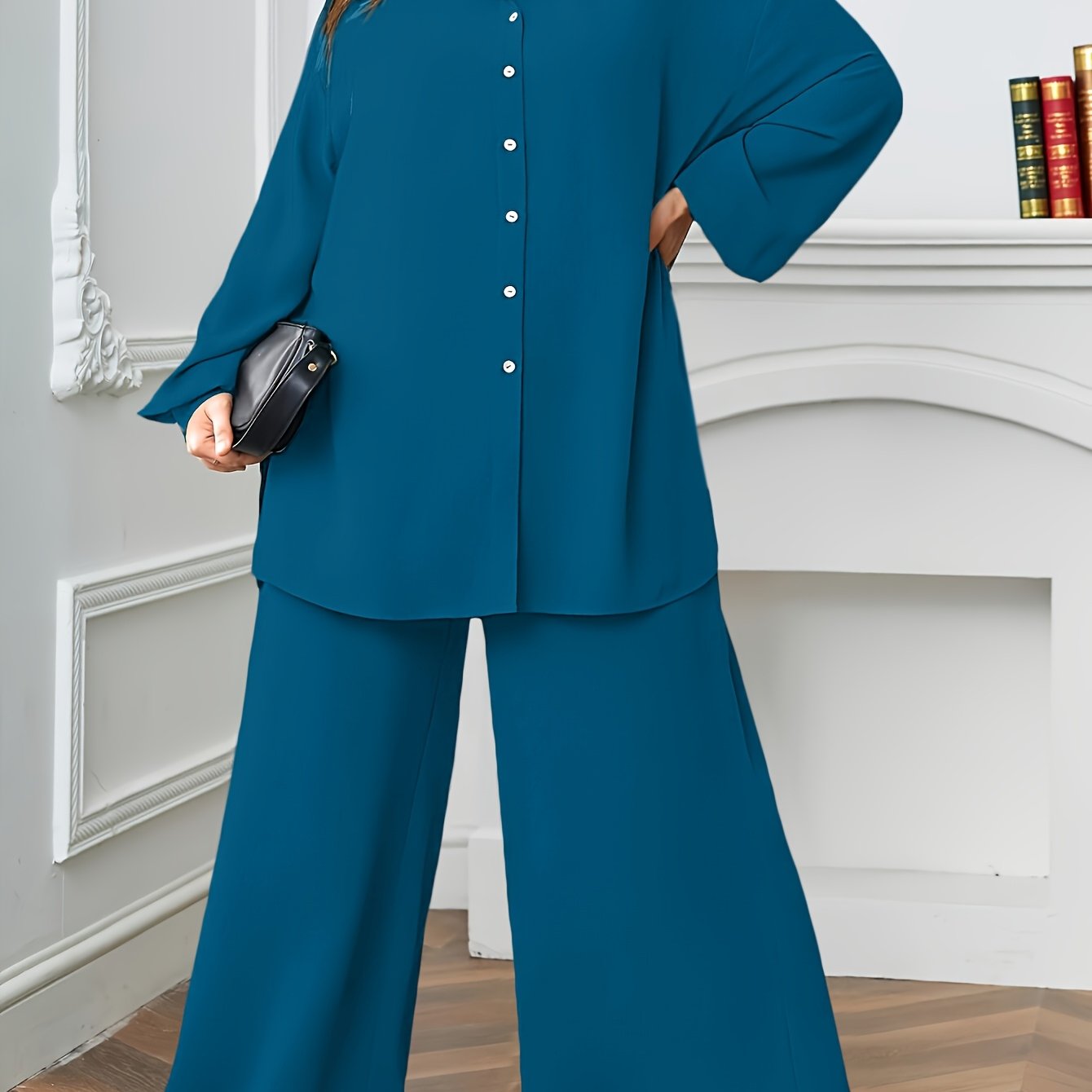 Elegant Plus Size Women'S Two-Piece Set: Stylish V-Neck Blouse & Wide Leg Pants - Perfect for Formal Occasions, Plus Size Blouses