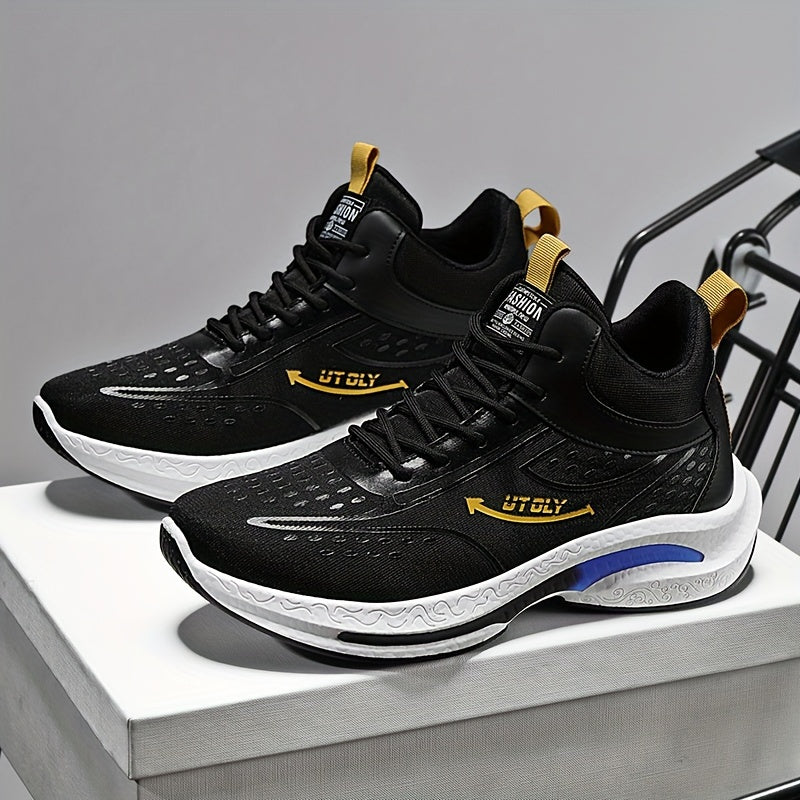 Men'S High-Top Lace-Up Athletic Sneakers - Breathable Fabric, PVC Sole, EVA Insole, Stylish Blue & White Design for Casual and Outdoor Activities, Everyday Sneakers | Sporty Casual Shoes | Durable PVC Sole