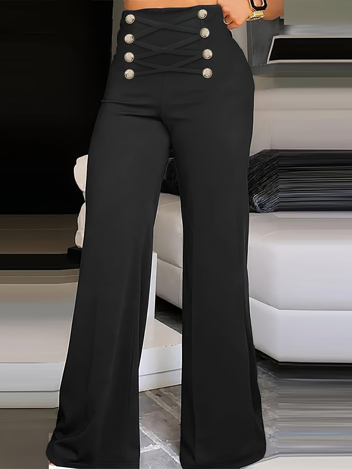 Elegant Double-Breasted Waistband Casual Pants, Solid Color, Polyester, Machine Washable - All Seasons, Queen Style, High-Grade Design