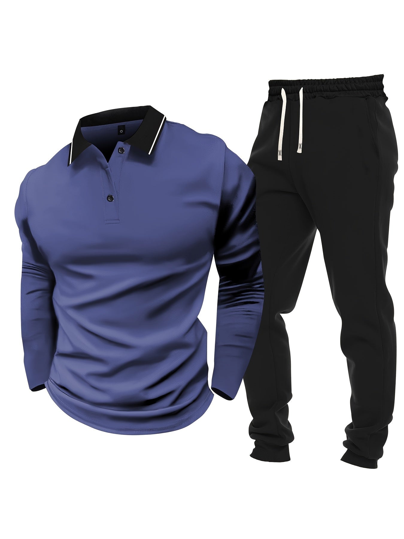 Men's Casual Color-Block Long Sleeve Button-Up Shirt & Drawstring Joggers Set - Polyester Blend, Pockets Included, Perfect for Spring/Fall