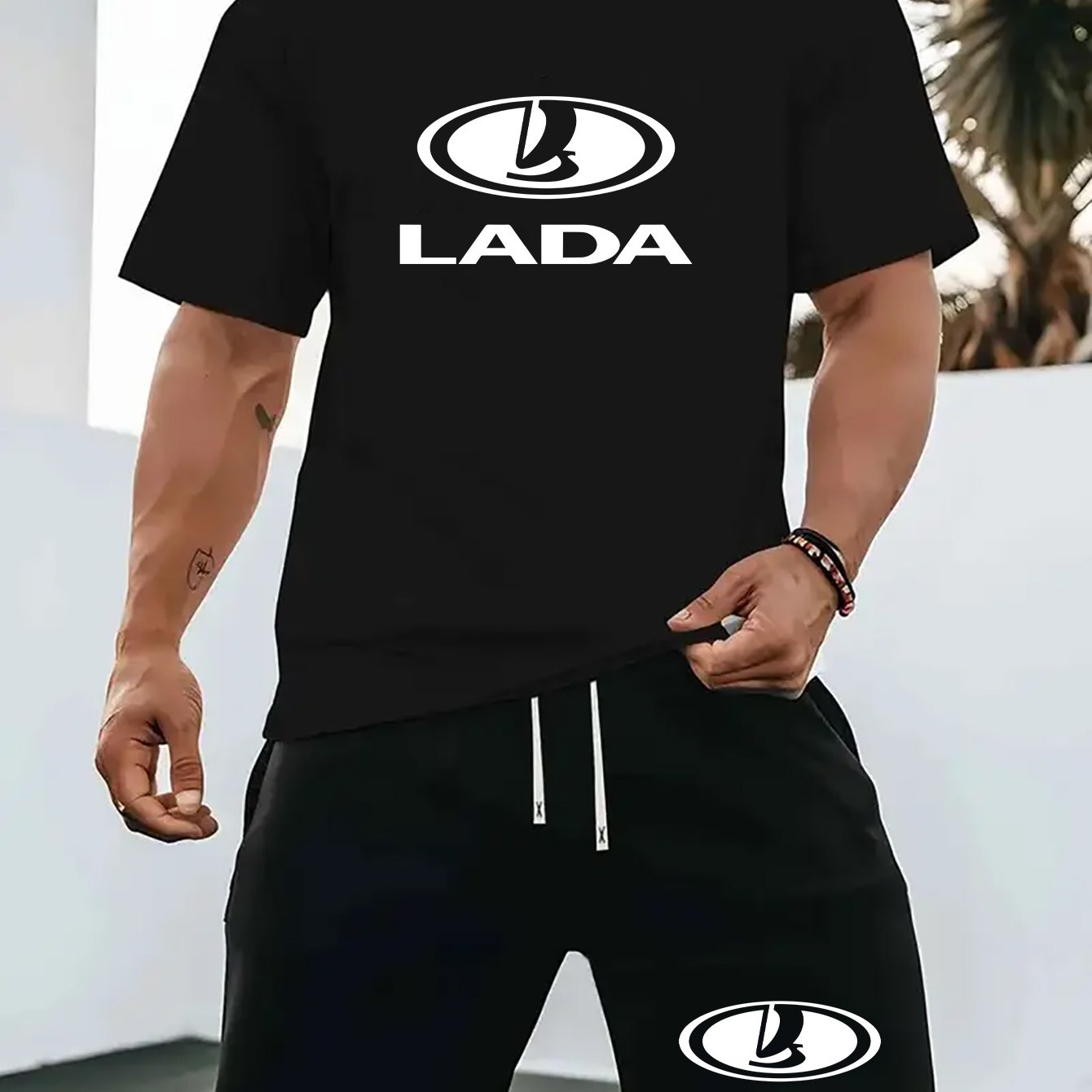 Men'S Summer Casual Sport Two-Piece Set - LADA Letter Pattern Print T-Shirt and Black Drawstring Shorts, Casual Sportswear, Regular Fit - Perfect for Summer Outdoor