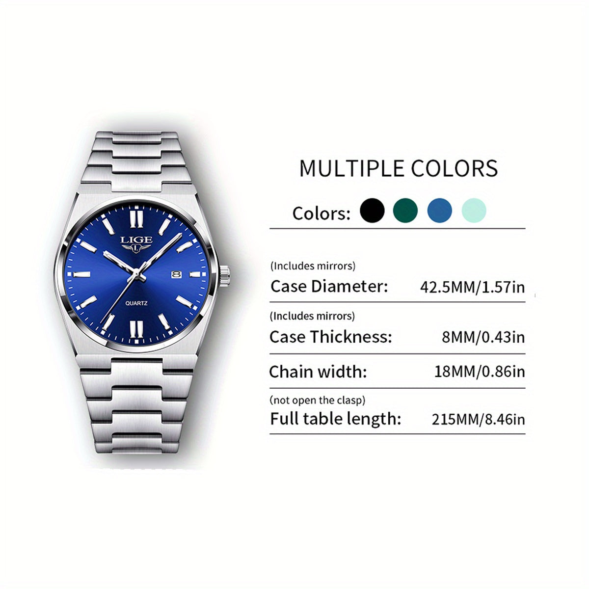 LIGE Stainless Steel Sports Watch for Men and Women - Dual Display Digital & Quartz Movement, Blue Dial, Rotating Bezel, Date Display, Metal Bracelet, Gift Box Included, Watch Accessories, LIGE