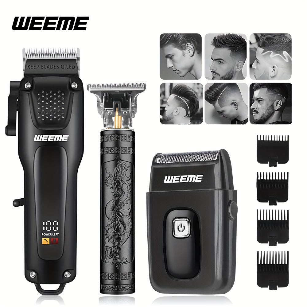 WEEME 3pcs Men's Grooming Kit: Black USB Rechargeable Electric Clipper + T-Blade Trimmer + Shaver Combo, featuring an LCD display and anti-slip textured design for precise haircuts, beard trimming, and sideburns styling—per