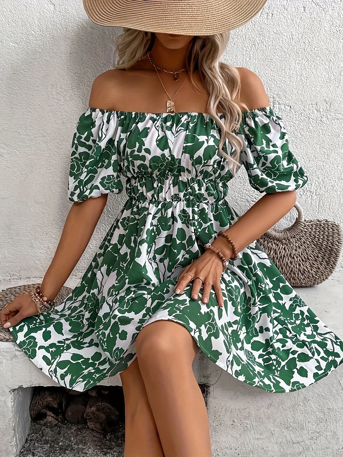 Leaves Print Off Shoulder Aline Dress, Vacation Style Short Sleeve Swing Dress For Spring & Summer, Women's Clothing