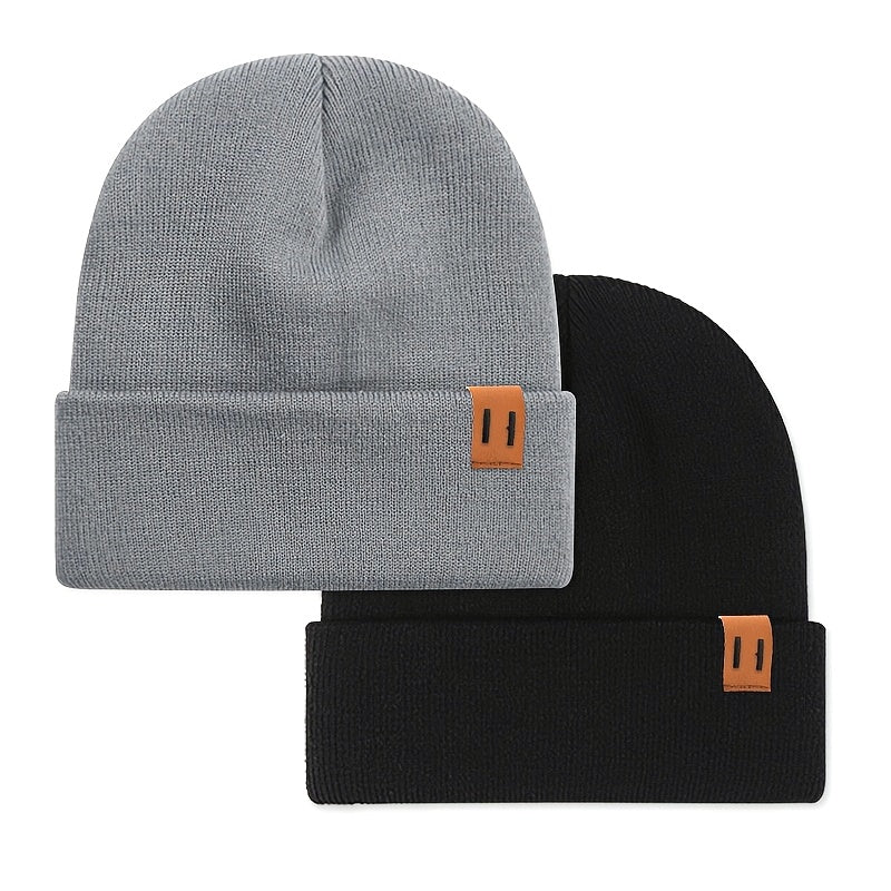 2pcs Fashion Faux Leather Label Knit Hat Set for Autumn and Winter, Outdoor Warm Ear Protection Knitted Cap Wholesale Lightweight Beanie