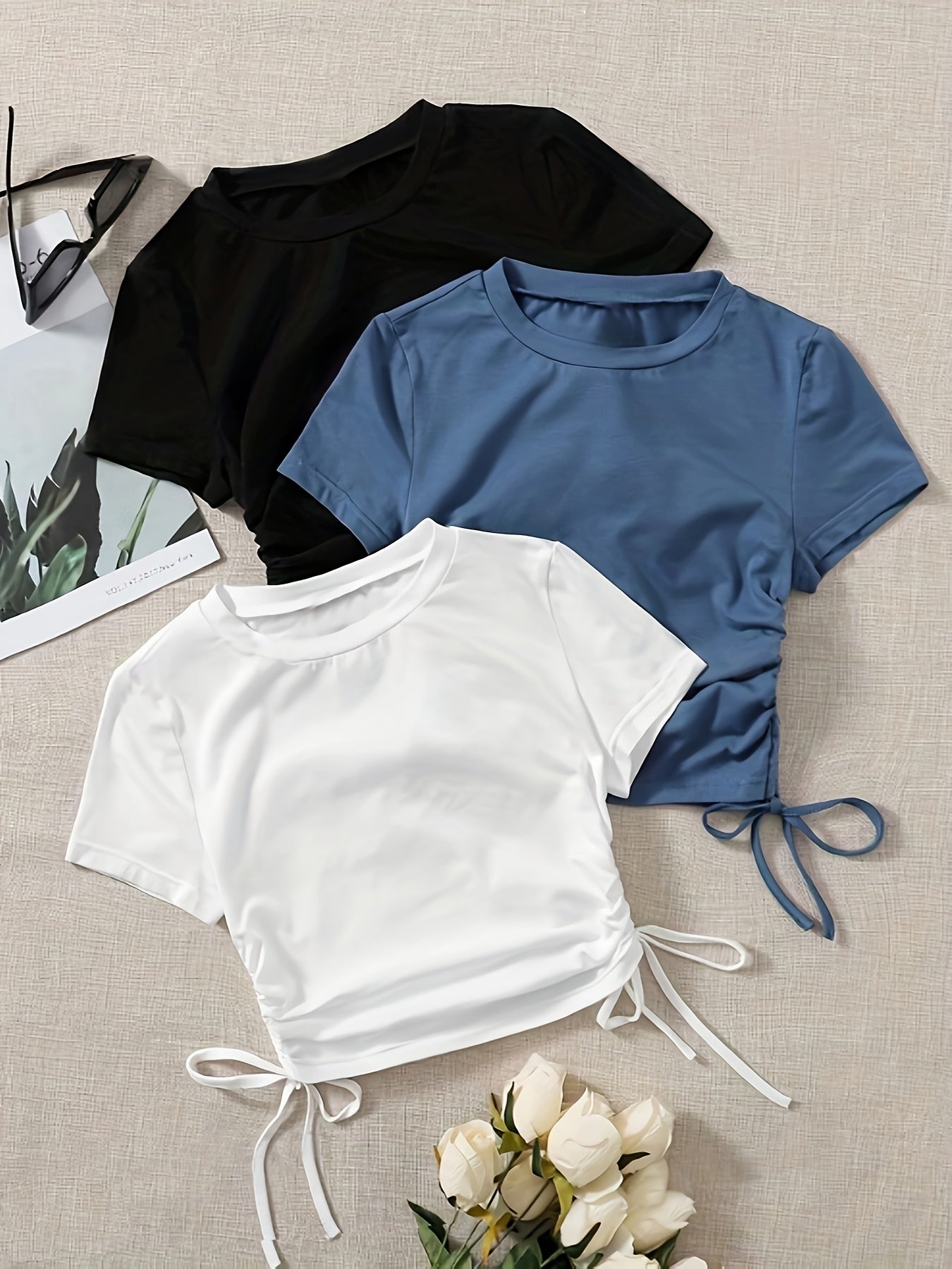 3 Pack Drawstring Crew Neck T-Shirt, Casual Short Sleeve T-Shirt For Spring & Summer, Women's Clothing
