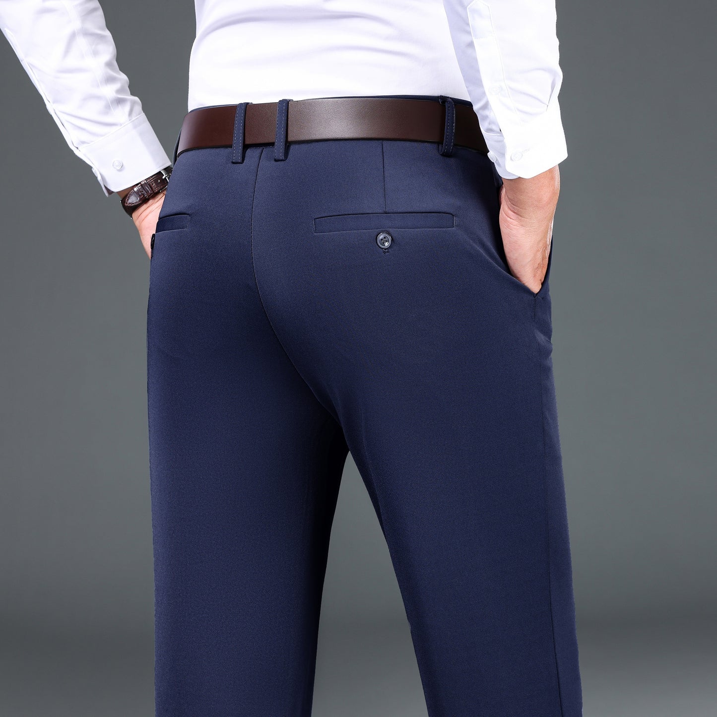1pc Men'S Warmth Business Casual Pants, Fall/Winter Fleece-Lined Thickened Straight-Leg Trousers with Slant Pockets, Solid Color Knit Fabric Regular Fit Dress Pants with Zipper Closure, Medium Stretch Polyester