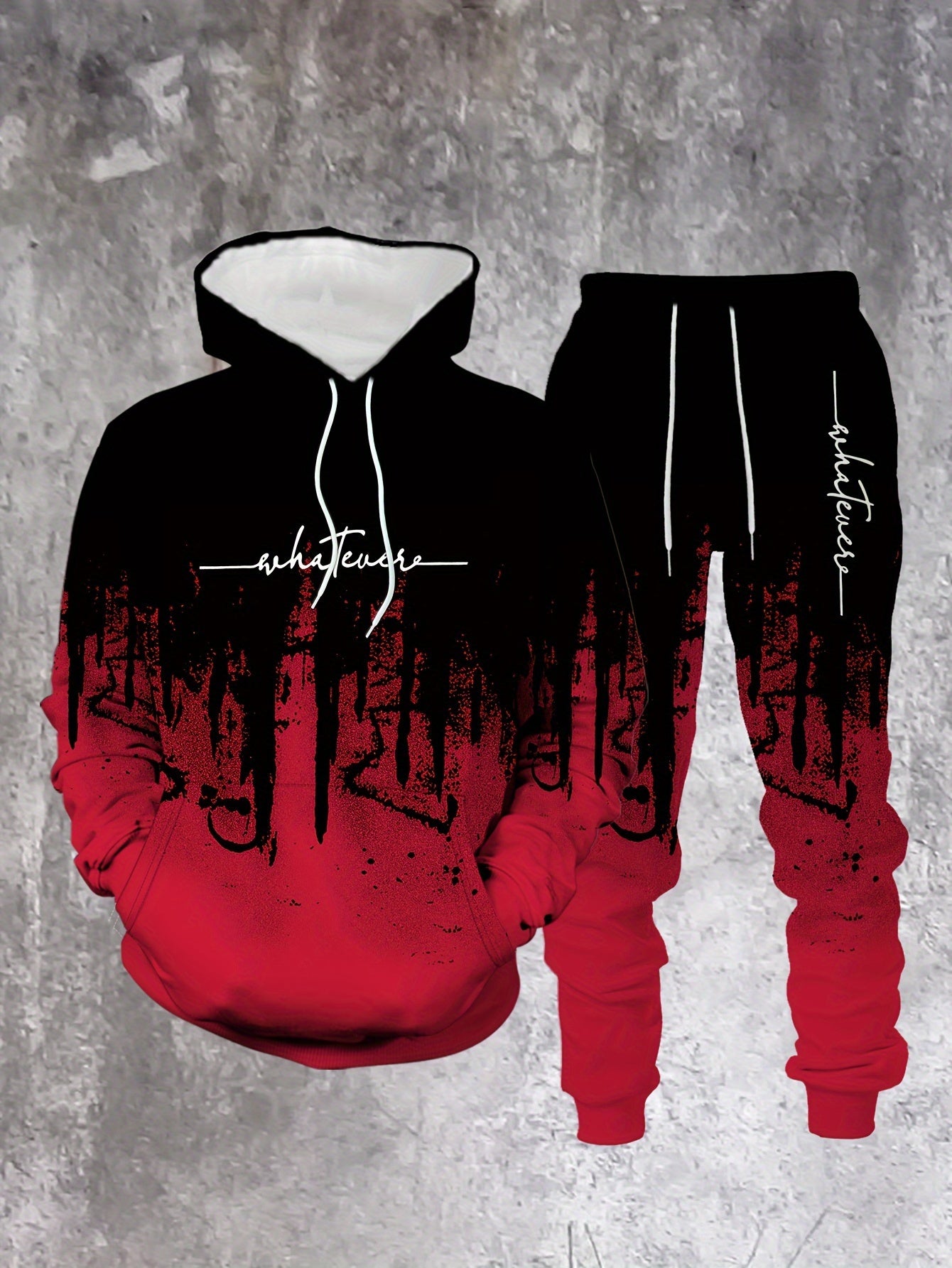 Men's Casual Hoodie & Sweatpants Set - Black & Red Contrast, Letter Print Design, Comfort Fit for Spring/Fall