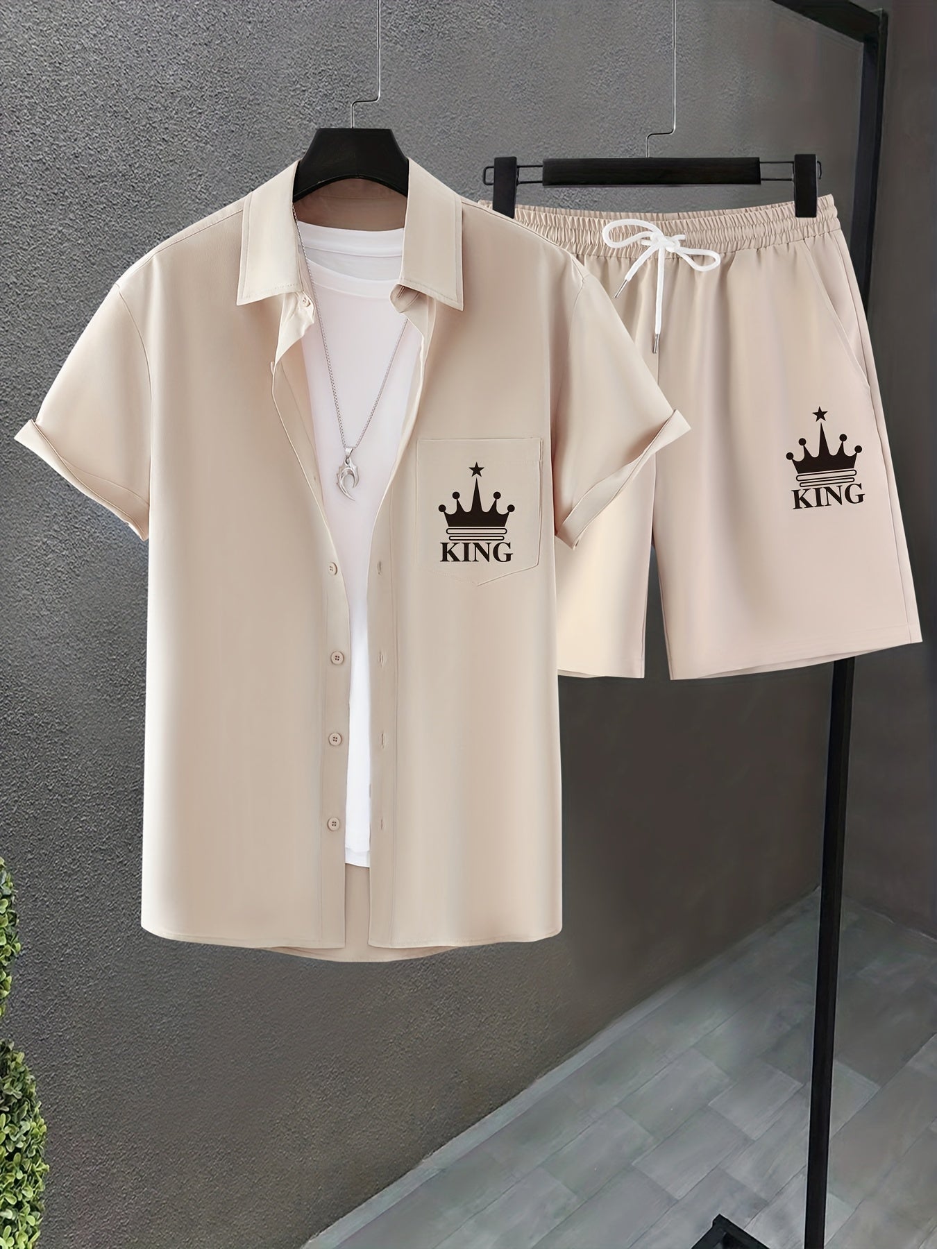 Men's Casual Short Sleeve Collar Shorts Printed Fashion Suit