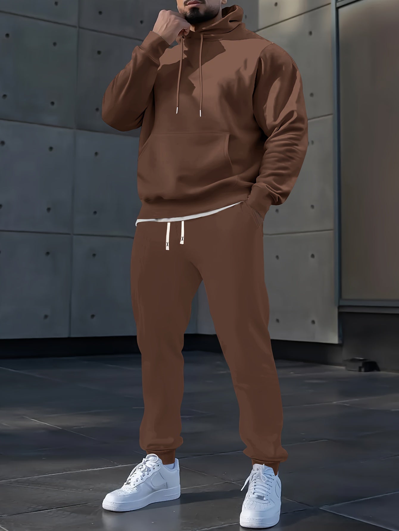 Men's Long Sleeve Hooded Sweatshirt + Threaded Sweatpants Set Spring and Autumn Solid Color Pullover Regular Long Sleeve T-shirt and Pants Belt Drawstring Casual Sports Trousers Two-piece Set