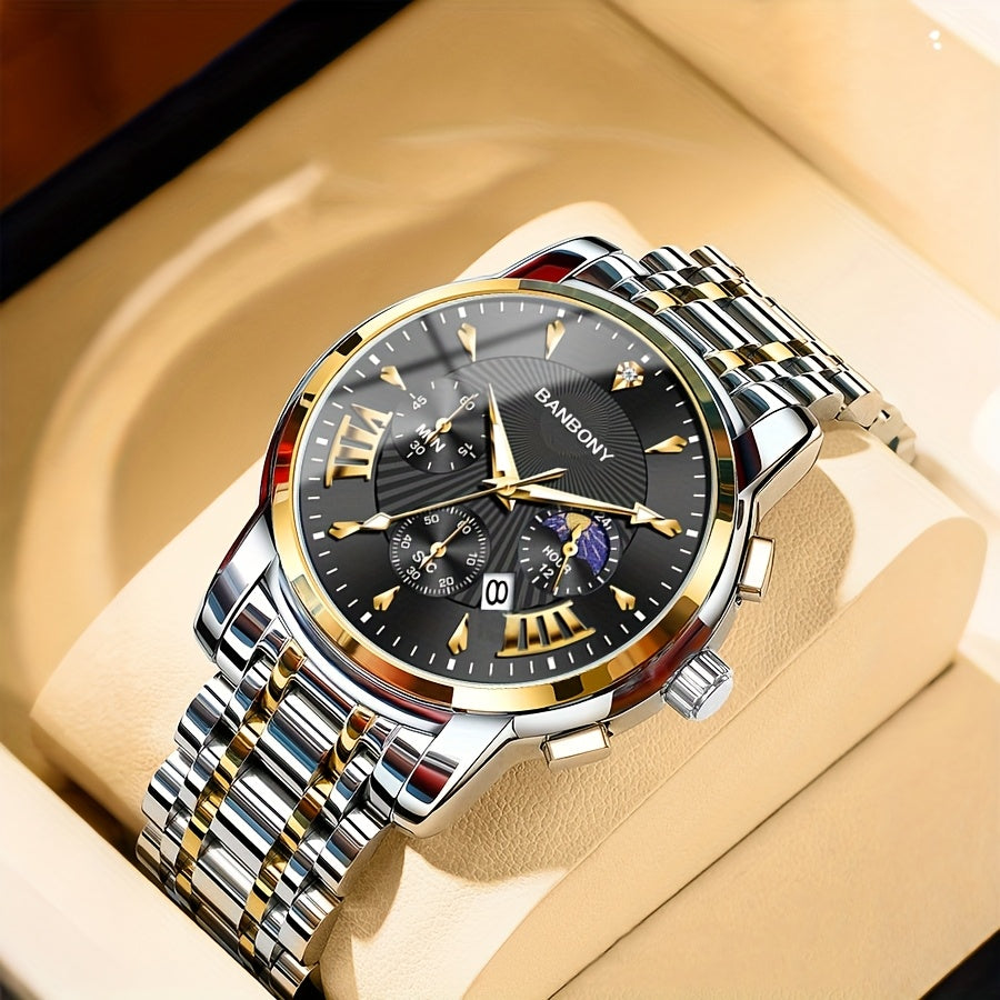 BANBONY Automatic Quartz Watch for Men & Women - Stainless Steel Strap, Blue & Golden HD Large Dial, IPX7 Waterproof, Rhinestone Accents, Date Calendar, Luminous Hands - Casual Fashion Unisex Watch for Birthday Holiday Gifts,
