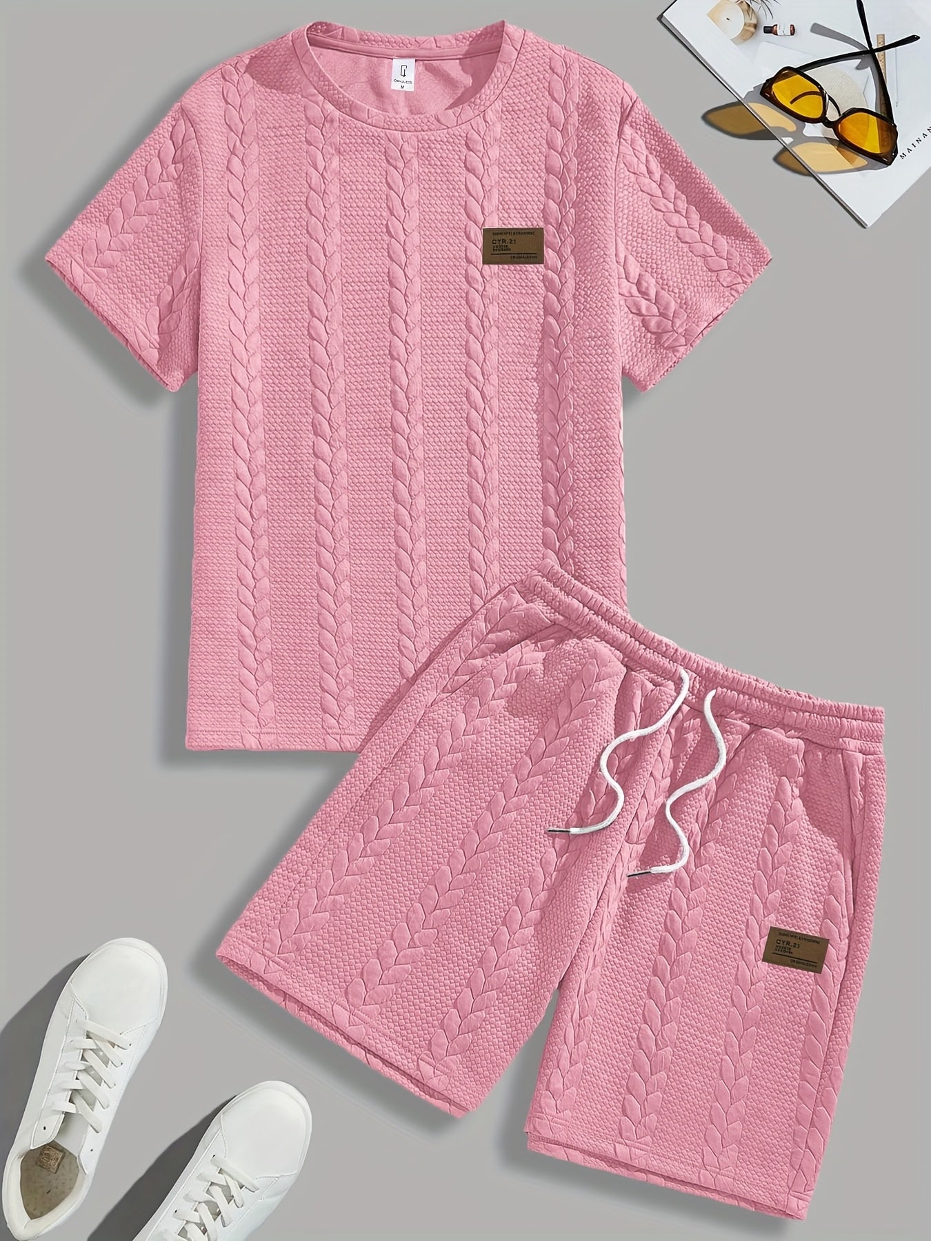 Casual Crew Neck Short Sleeve T-Shirt & Drawstring Shorts - Brown, Summer Outfit