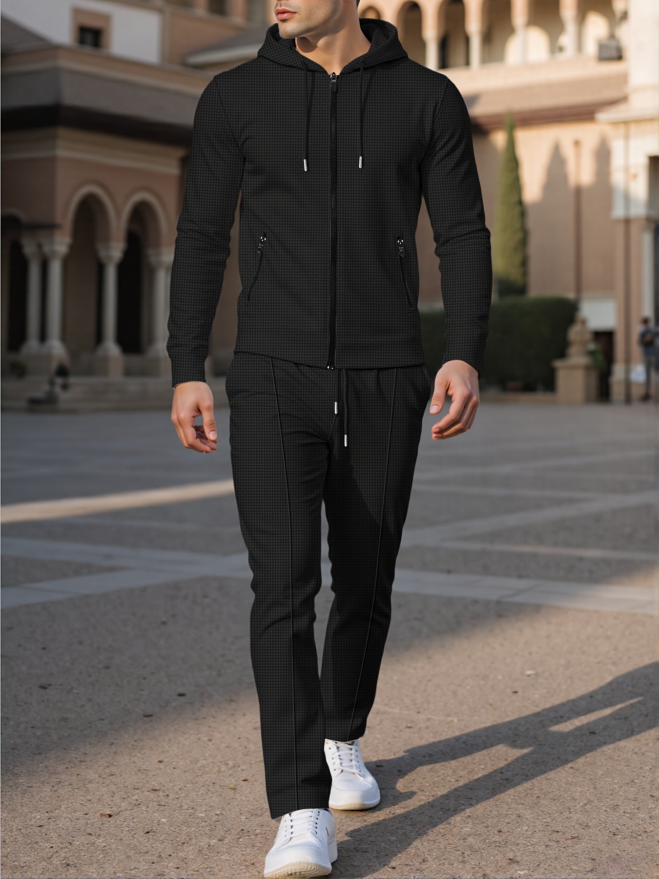 New Style Autumn Men's 2pcs Set, Casual Hooded Long Sleeve Zip-Up Sweatshirt and Drawstring Jogger Pants with Pockets, All-Season Outfit for Men