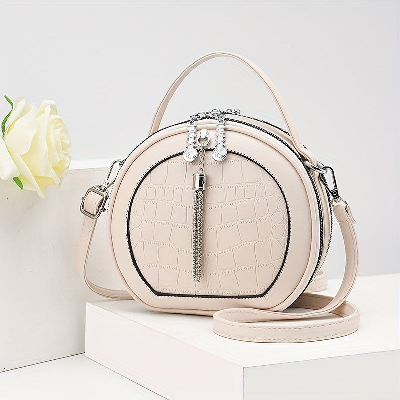 Round Crocodile Pattern Handbag, Fashion Mini Crossbody Bag, Women's Zipper Shoulder Purse