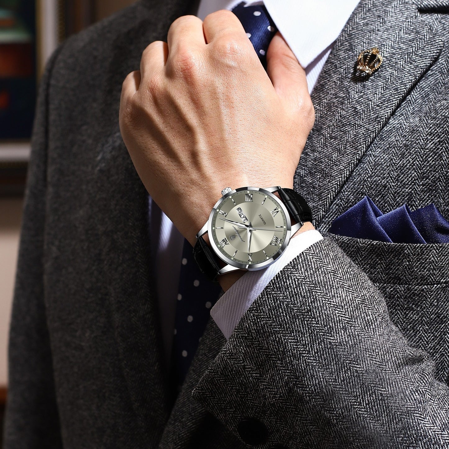 Luxury Leather Strap Men's Watch Waterproof Luminous Calendar Week Wristwatch Simple Business Fashion Sports Men's Watch