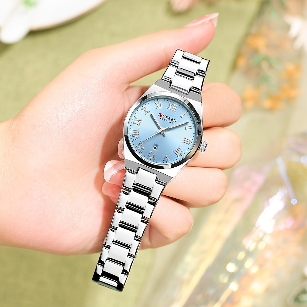 Fashionable Brand Of CURREN Ladies' Watches With A Casual And Simple Stainless Steel Strap, Featuring A Calendar And Quartz Movement.