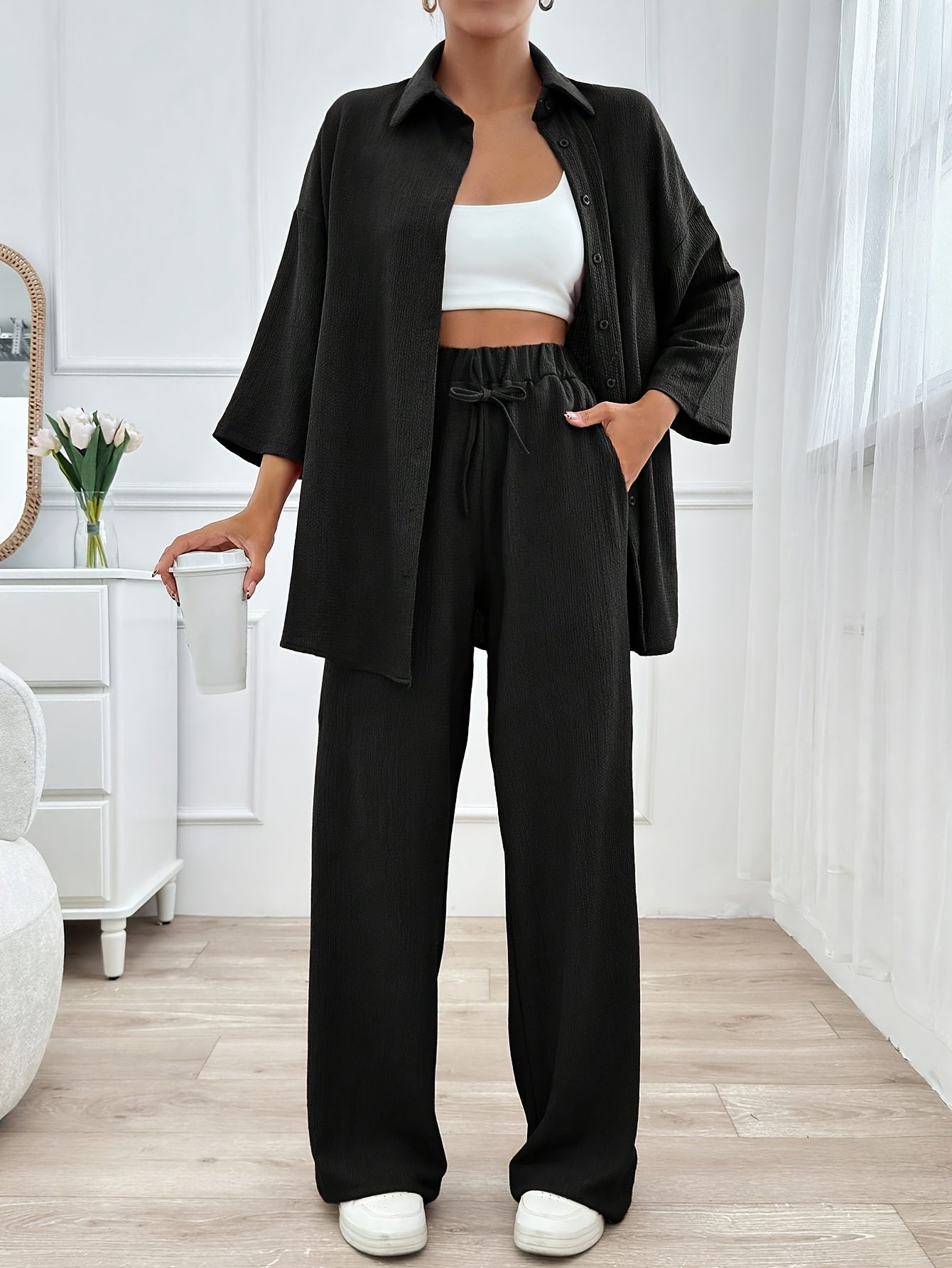 Women'S Elegant Two-Piece Beige Casual Suit - Cropped Top & Wide-Leg Pants with Pockets, Perfect for All Seasons, Stylish Home Attire|Casual Attire|Pocketed Pants