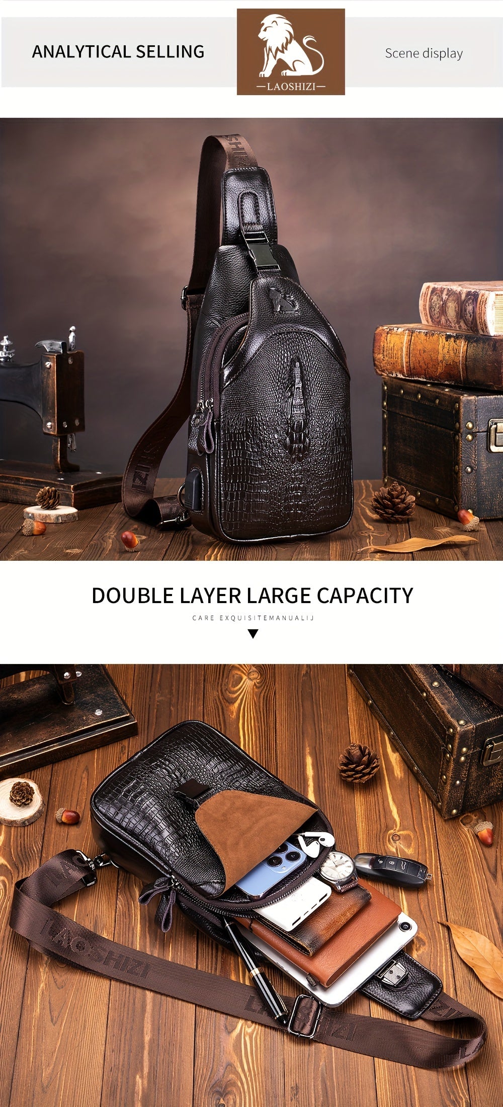 Men's Genuine Leather Crossbody Chest Bag, Top Layer Cowhide Genuine Leather Sling Bag, Large Capacity Double-Layer Chest Bag Shoulder Bag, Perfect for Valentine's Day, Teacher's Day, Back-to-School, Graduation, and Christmas