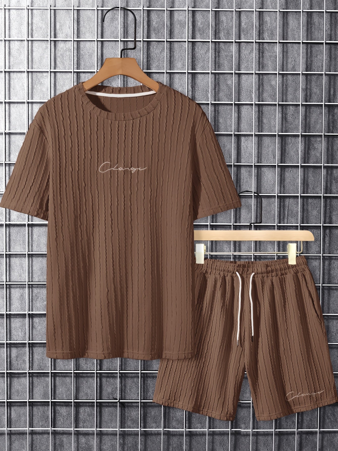 Men'S Casual Polyester Crew Neck Embroidered Alphabet Pattern Slight Stretch Knit Fabric Regular Fit Lash Sets for Spring