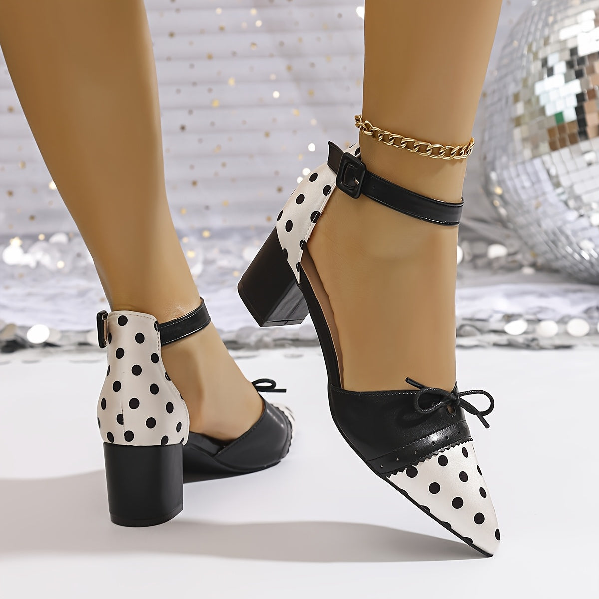 Women'S Sexy Polka Dot Mary Jane Pumps with Bow Detail - Pointed Toe, Block Heel, Ankle Strap, Summer Fashion Show Shoes, Hollow Design, Synthetic Cover & Rubber Sole, Summer Fashion Shoes | Polka Dot Pattern | Rubber Sole Fo