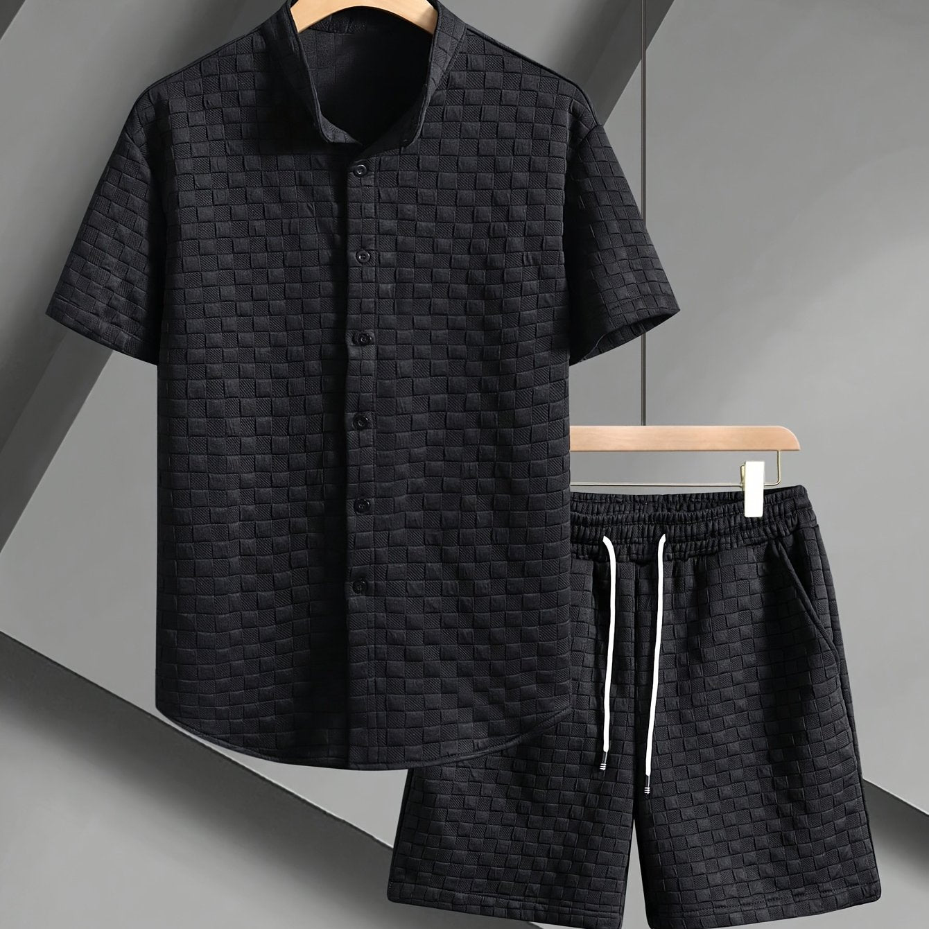 Men'S Casual Athletic Short Sleeve Shirt & Drawstring Shorts Set - Navy Blue, Lightweight Polyester, Perfect for Beach, Camping, and Outdoor Activities, Beach Attire | Stylish Casualwear | Lightweight Fabric