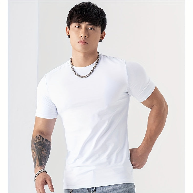 Men's Summer Athletic T-Shirt - Moisture-Wicking Stretch Fabric Slim Fit Round Neck Short Sleeve Tee for Gym, Running, Training - Solid Color Black, Gym Apparel | Machine Washable Top, Gym Shirts