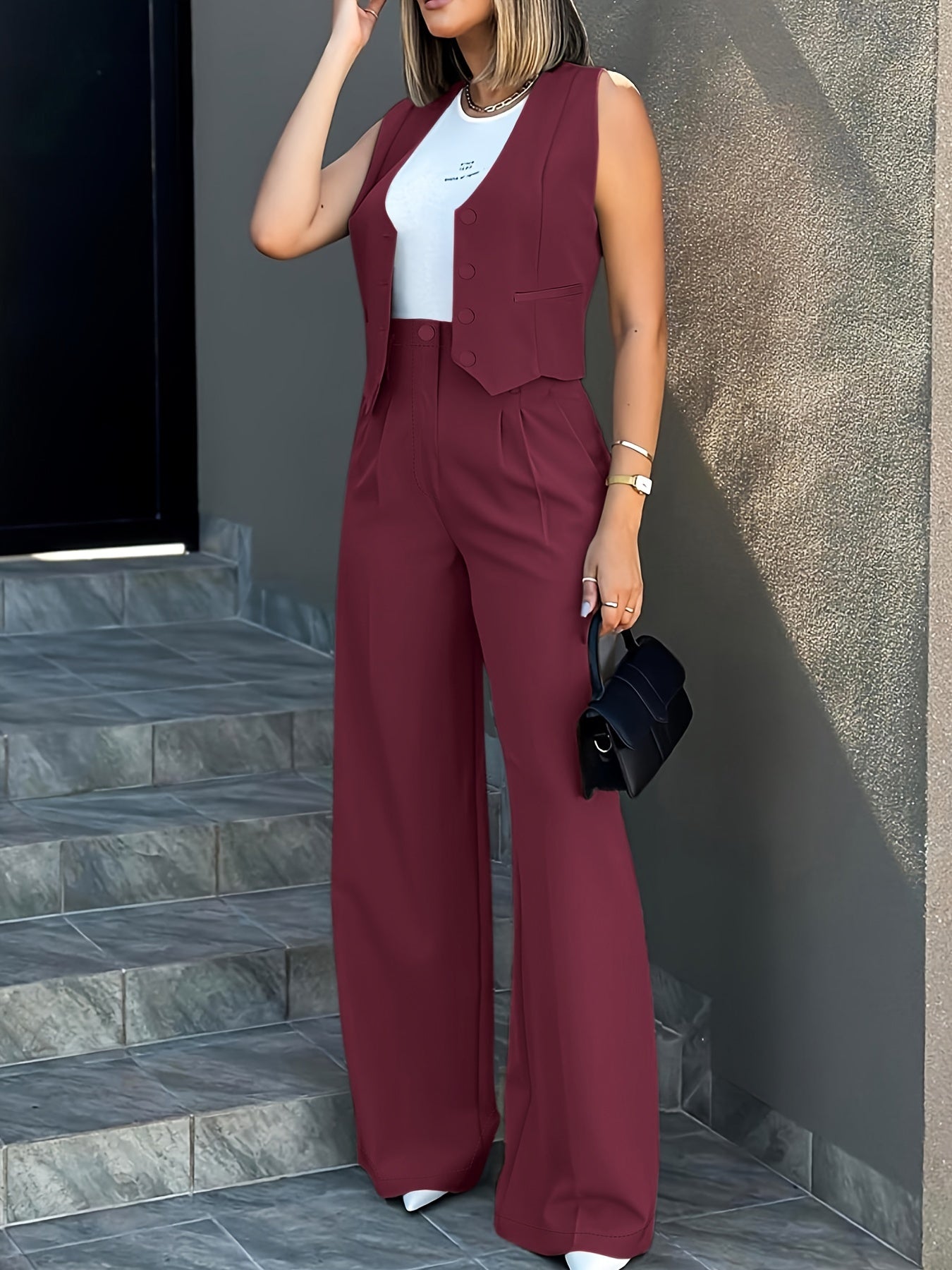 Solid Color Stylish Pantsuits, Button Front Fake Pocket Sleeveless Vest & High Waist Pleated Pants Outfits, Women'S Clothing