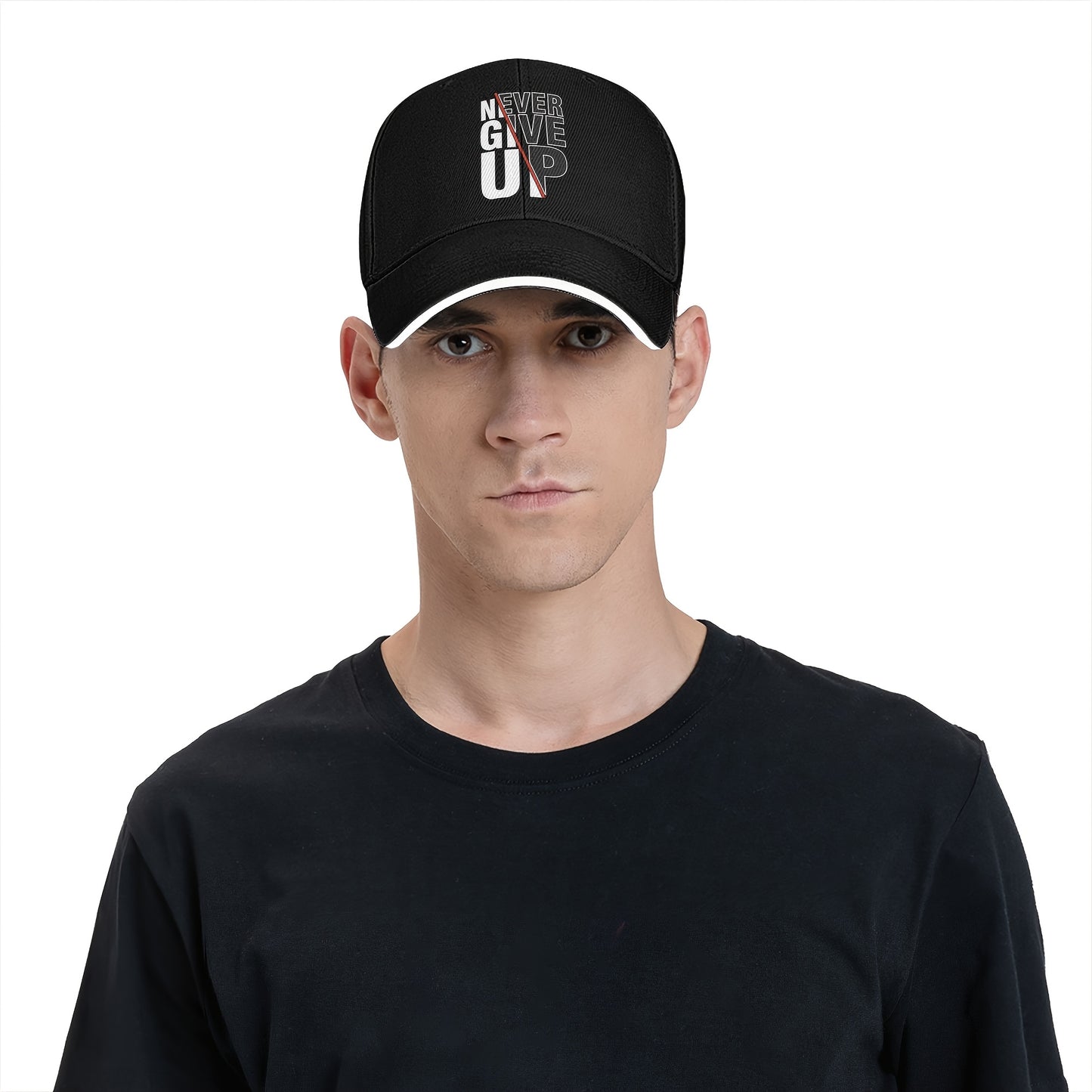 1 Pack Never Give Up Print Baseball Cap - Adjustable Snapback Dad Hat with Breathable Mesh Back, Funky Unisex Trucker Hat for Outdoor Fishing Driving, Black with White & Red Lettering, One Size Fits Most (53.34-63.5 cm)