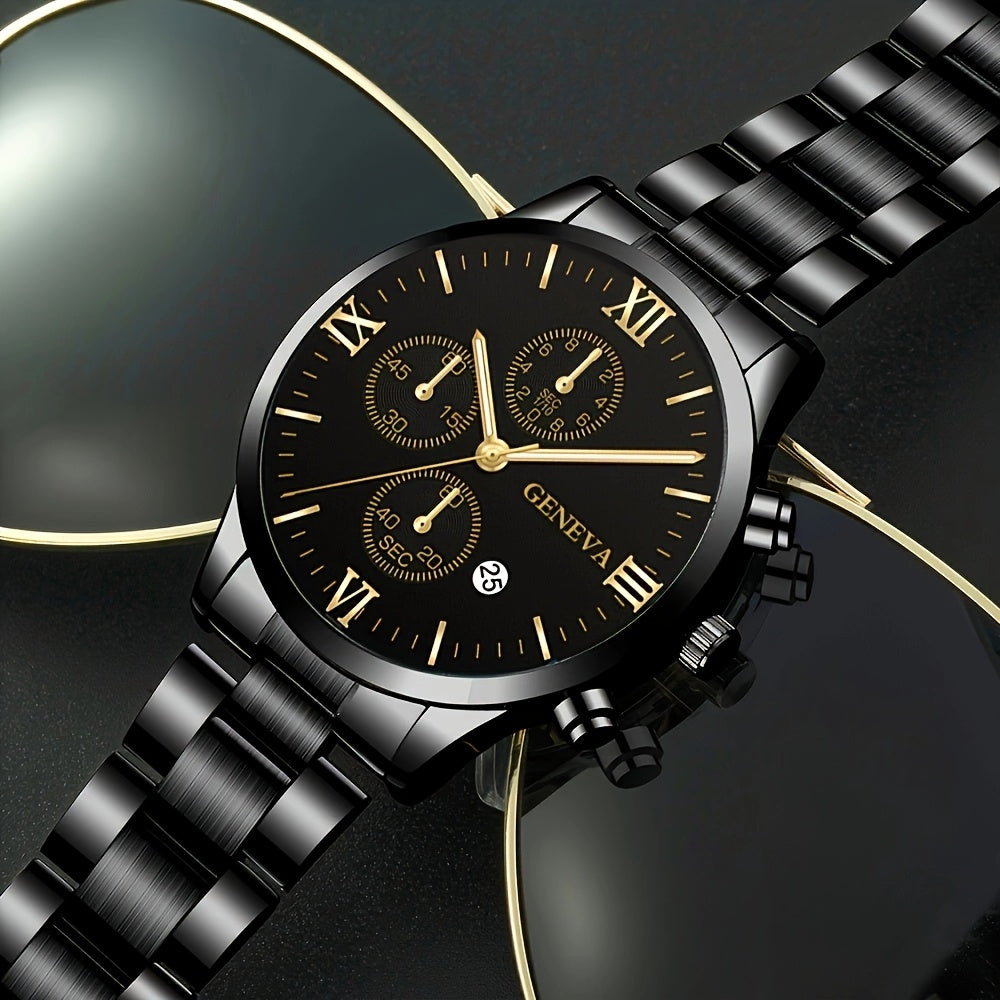 1pc Men's Stylish Black Quartz Watch with Stainless Steel Band - Elegant Roman Numerals, Date Display, and Golden Accents - Perfect Gift for Christmas, Thanksgiving, Valentine's Day - Ideal for Him or Family, Date Feature Wat