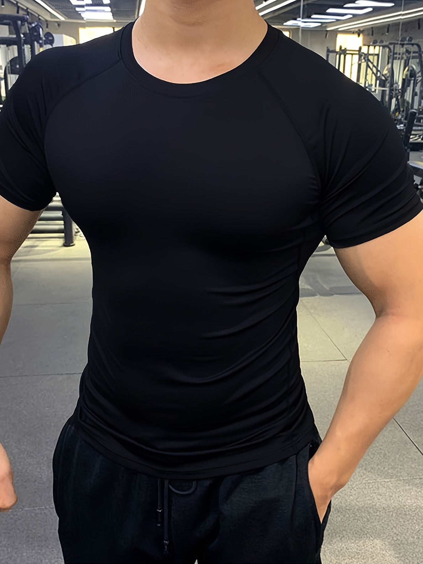 Men's Quick-Dry Athletic T-Shirt - Stretchy, Breathable Polyester, Short Sleeve, Round Neck, Black, Gym & Running Workout Essential, Sports Clothing | Sleek Athletic Tee | Breathable Fabric, Workout Clothes