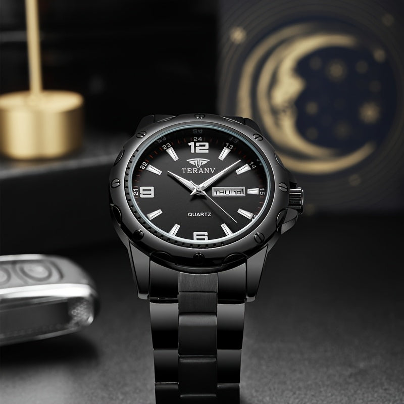 Elegant Men's Stainless Steel Quartz Watch - IPX7 High Quality, Luminous Hands, Date & Day Display, Business Casual Sporty Design for Everyday & Water Activities, Versatile Wristwatch, Sleek Strap Design, Glowing Markers