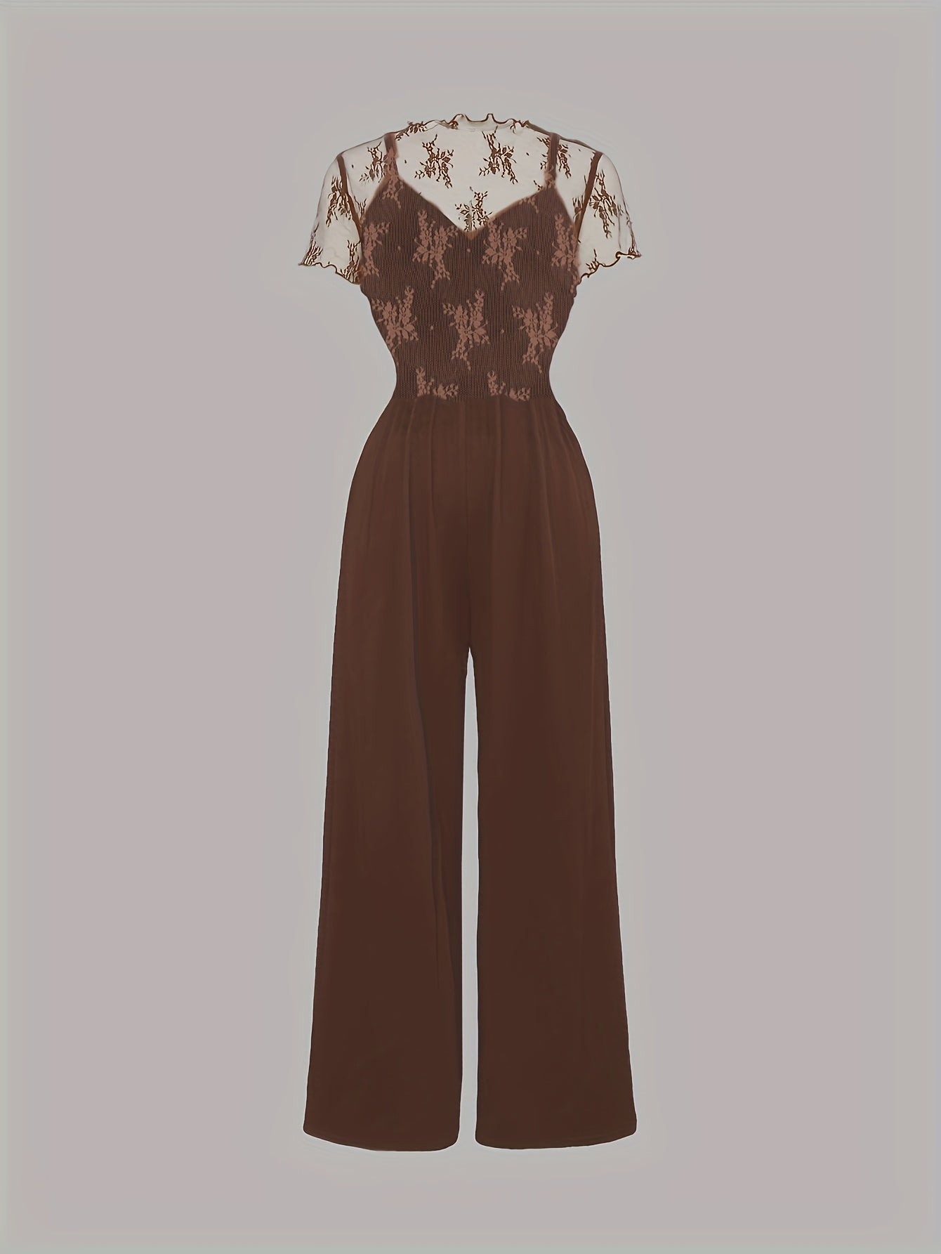Elegant Mesh Long Sleeve Crop Top & Bodycon Wide-Leg Jumpsuit Set - Chic V-Neck, Ruched Detail, Black Mesh Blouse with Spaghetti Straps, Wide Leg Pants for Spring/Summer, Women'S Fashion, Clothing | Relaxed Fit | Chic Desig