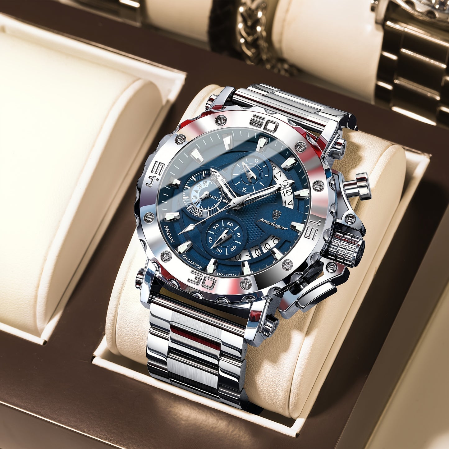 POEDAGAR Men'S Luxury Stainless Steel Business Watch with Date Display, 3ATM Blue Dial, Rotating Bezel, Alloy Case, Quartz Movement - Elegant Formal Accessory, Formal Accessory|Luxurious Watch|Quartz Movement Watch